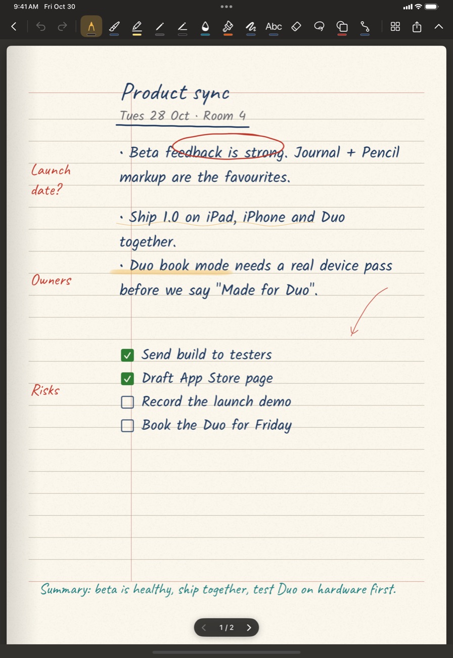 A handwritten Cornell notes page in Penara on iPad