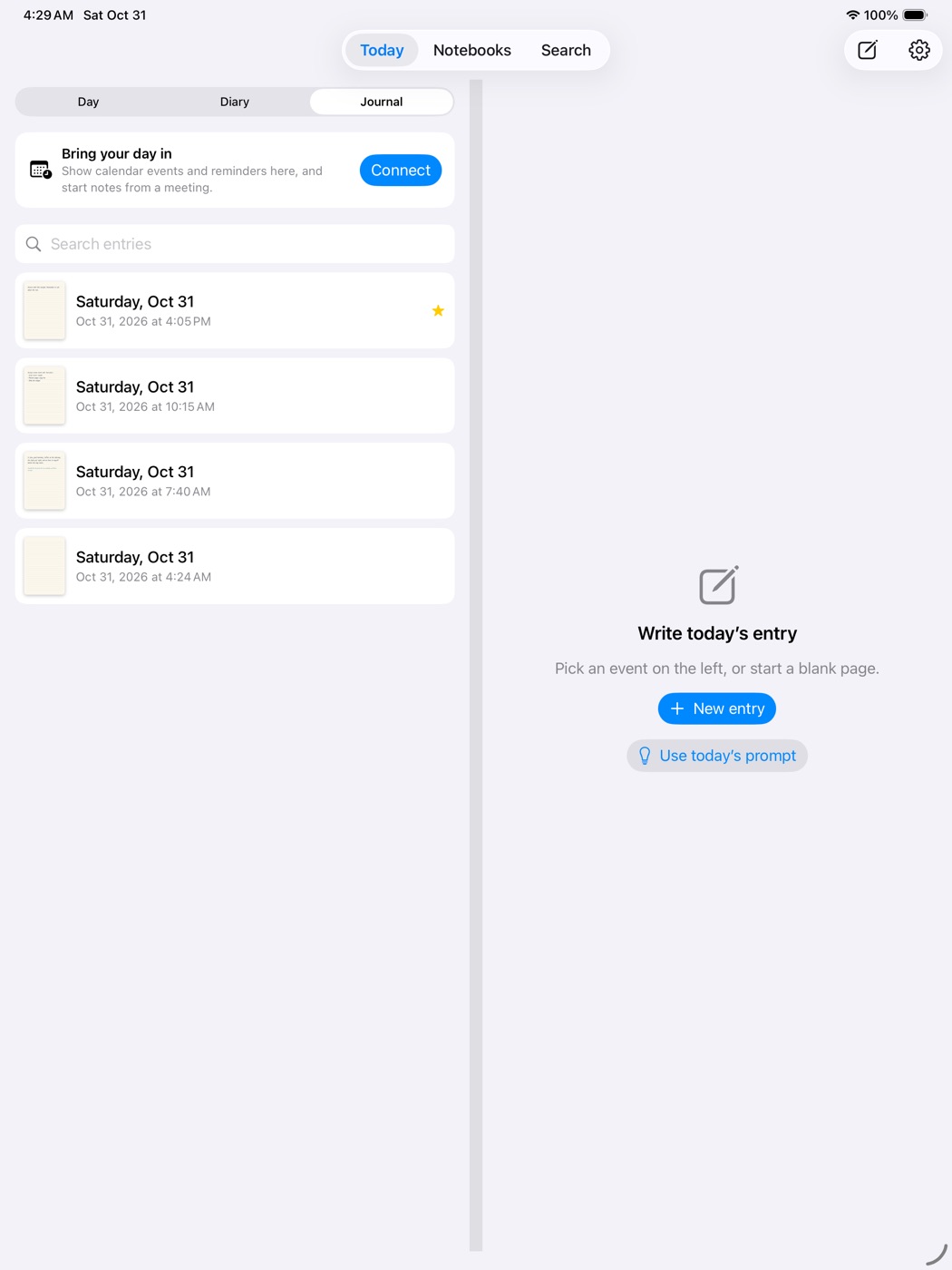 Journal view listing every entry with search