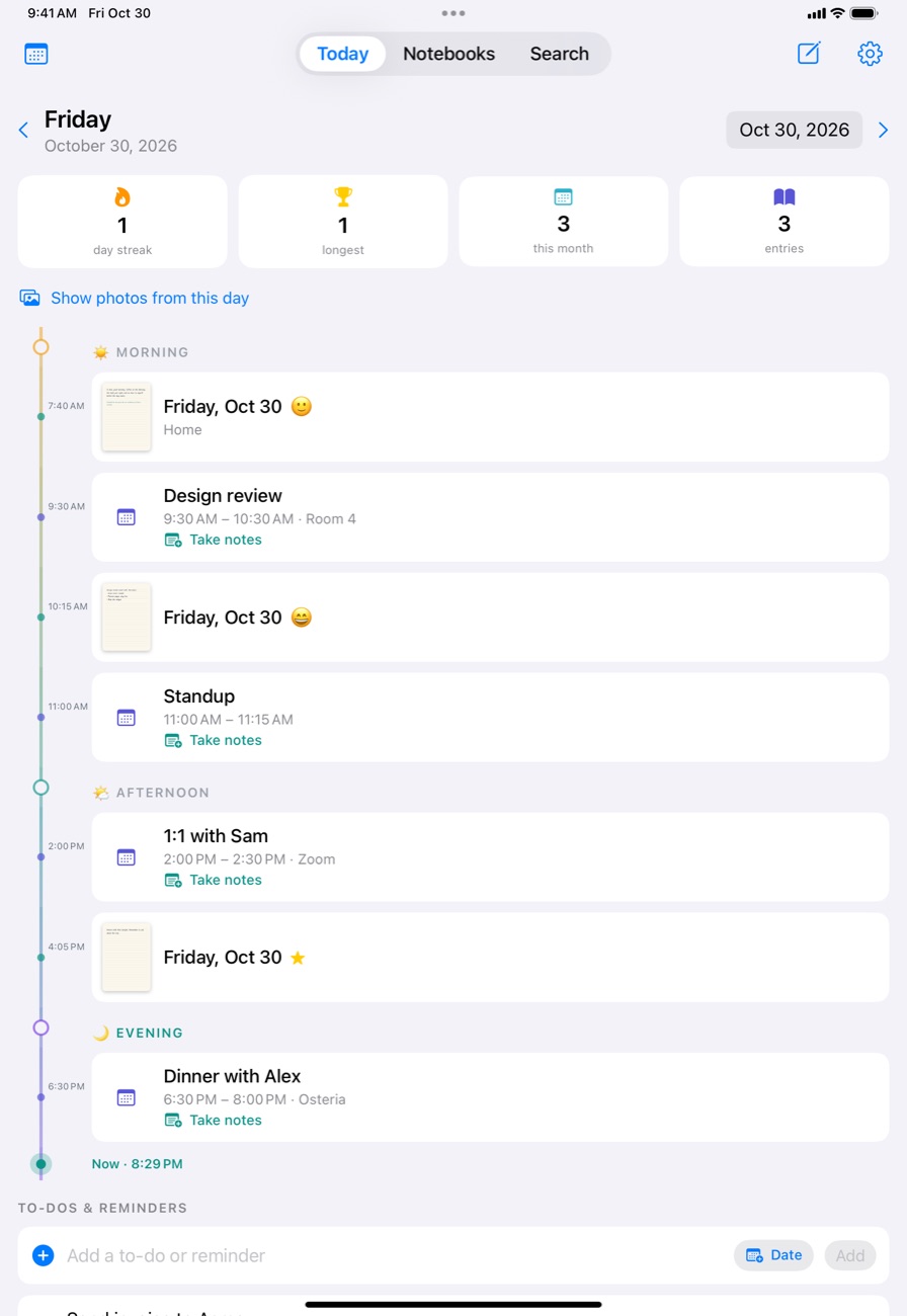 The Today journal page with timeline, events and to-dos