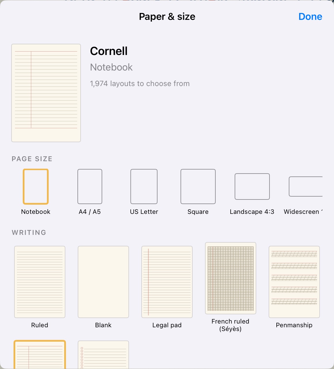 The paper picker showing planners, grids, music staff and more